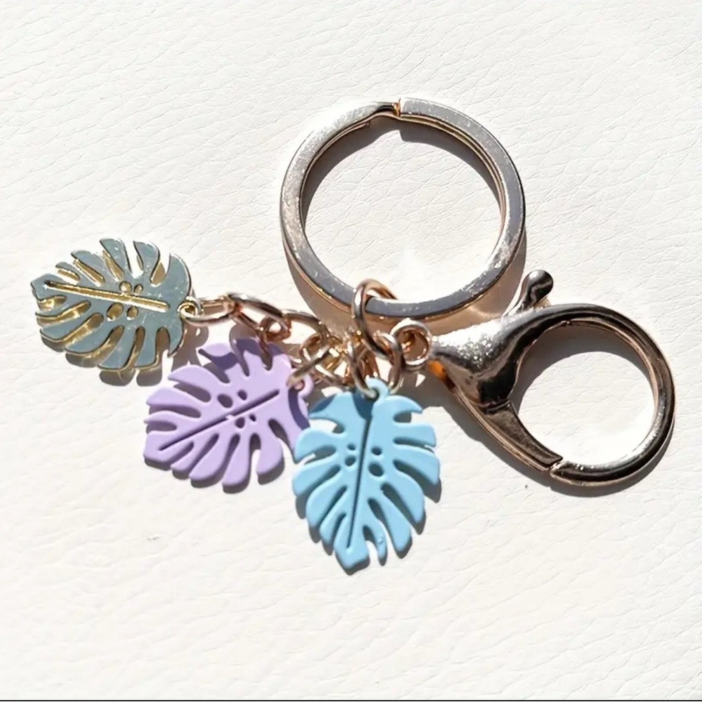 Gold Purple Blue Pastel Tropical Leaf Keychain Bag Charm